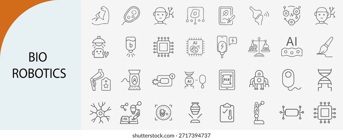 bio robotics and artificial intelligence line icon set, flat vector biotechnology and future technology symbols