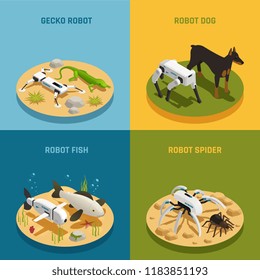Bio robots and real animals isometric design concept with gecko dog fish and spider isolated vector illustration