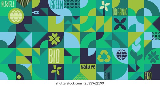 Bio padrão perfeito para projetos sociais ecológicos. Energias renováveis verdes. Modelo para embalagem ecológica com flores verdes, texto. Banner estilo natural vetor, mosaico de formas geométricas padrão branco.