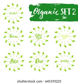 Bio set: hand drawn logo, label with green floral frame, with leaf. Vector illustration eps 10 for food, drink, restaurants, menu, markets, eco products, package. Brush lettering calligraphy
