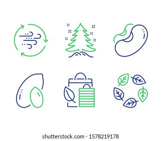 Bio shopping, Beans and Peanut line icons set. Wind energy, Christmas tree and Organic tested signs. Leaf, Vegetarian seed, Vegetarian nut. Breeze power. Nature set. Vector