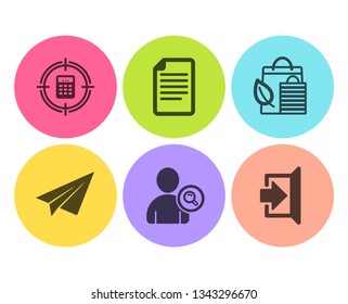 Bio shopping, File and Find user icons simple set. Calculator target, Paper plane and Exit signs. Leaf, Paper page. Flat bio shopping icon. Circle button. Vector