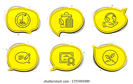 Bio shopping sign. Diploma certificate, save planet chat bubbles. Message, 48 hours and Startup line icons set. Speech bubble, Delivery service, Launch project. Leaf. Business set. Vector