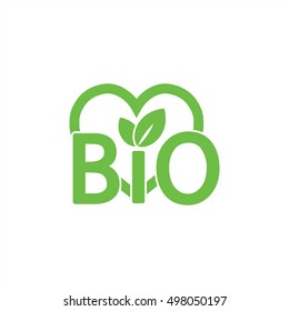 bio sign character emblem label word with heart green simple icon on white background