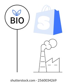 Bio sign with leaf icon above text and a shopping bag with S symbol. Includes a factory chimney emitting smoke. Ideal for organic products, shopping, industrialization, factory pollution