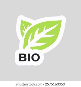 Bio slogan on ecology sticker in flat design. Vector illustration isolated.