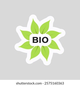 Bio slogan on ecology sticker in flat design. Vector illustration isolated.