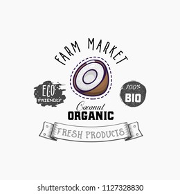 Bio sticker and eco products. Coconut web element, Isolated Vector.
