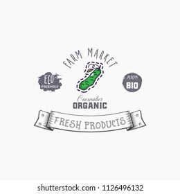 Bio sticker and eco products. Cucumber web element, Isolated Vector.