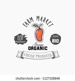 Bio sticker and eco products. Mango web element, Isolated Vector.