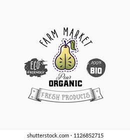 Bio sticker and eco products. Pear web element, Isolated Vector.