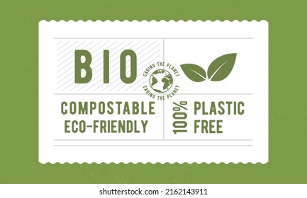 Bio tag. Eco-friendly, plastic free label design. Save the world tag concept. Recycle label, tag, sticker design for packaging. Hipster vintage old label template. Vector illustration