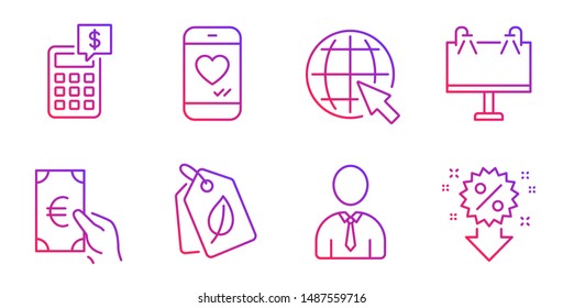 Bio tags, Human and Road banner line icons set. Finance, Calculator and Internet signs. Love chat, Discount symbols. Leaf, Person profile. Business set. Gradient bio tags icon. Vector