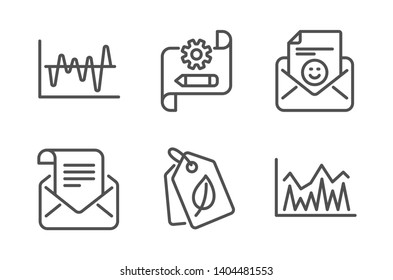 Bio tags, Stock analysis and Cogwheel blueprint icons simple set. Mail newsletter, Smile and Investment signs. Leaf, Business trade. Business set. Line bio tags icon. Editable stroke. Vector