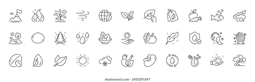 Bio tags, Sun protection and Soy nut line icons. Pack of Fish, Sunny weather, Leaves icon. Christmas tree, Green energy, Water drop pictogram. Apple, Feather, Sleep. Co2, Apple carrot. Vector