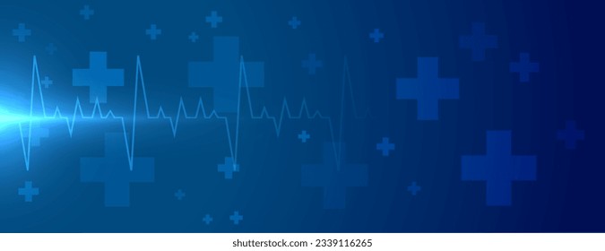 bio tech health care blue wallpaper with heart beat and cross design vector