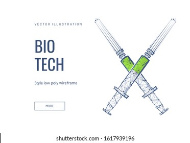 Bio tech, medicine low poly wireframe landing page template. Pharmaceutical science web banner. 3d medical syringes polygonal illustration. Vaccine, injection mesh art homepage design layout