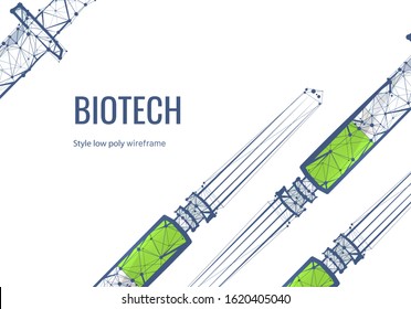 Bio tech, microbiology low poly illustration. Wireframe triangular injections, medical syringes with remedy polygonal art. Medical poster, bacteriology science banner design layout
