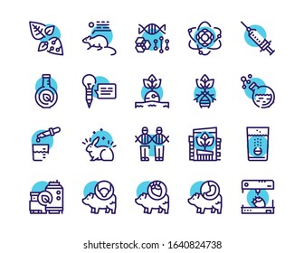 Bio technologies color linear vector icons set. Biotech concept. Sustainable architecture, organ transplant, genome, research, evolution and DNA. Biological experiments and chemistry