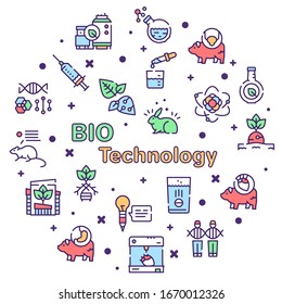 Bio Technologies Color Linear Vector Icons Set. Biotech Concept. Editable Stroke. Sustainable Architecture, Organ Transplant, Genome, Research, Evolution And DNA. Biological Experiments And Chemistry