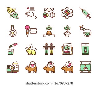 Bio technologies color linear vector icons set. Biotech concept. Editable stroke. Sustainable architecture, organ transplant, genome, research, evolution and DNA. Biological experiments and chemistry