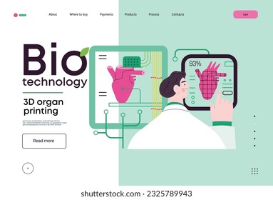 Bio Technology, 3D organ printing -modern flat vector concept illustration of 3D printer creating a human heart. Metaphor of technology in organ transplantation and the future of regenerative medicine