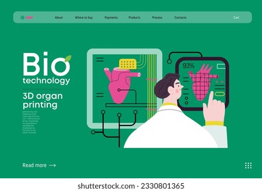 Bio Technology, 3D organ printing -modern flat vector concept illustration of 3D printer creating a human heart. Metaphor of technology in organ transplantation and the future of regenerative medicine