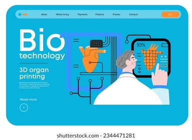 Bio Technology, 3D organ printing -modern flat vector concept illustration of 3D printer creating a human heart. Metaphor of technology in organ transplantation and the future of regenerative medicine