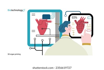 Biotechnologie, 3D Organdruck - moderne flache Vektorgrafik von 3D-Druckern, die ein menschliches Herz kreiert. Metapher der Technologie bei Organtransplantationen und die Zukunft der regenerativen Medizin