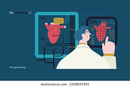 Tecnología Bio, impresión de órganos 3D -moderna ilustración de concepto de vector plano de la impresora 3D creando un corazón humano. Metáfora de la tecnología en el trasplante de órganos y el futuro de la medicina regenerativa