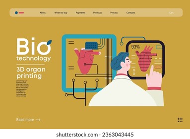 Bio Technology, 3D organ printing -modern flat vector concept illustration of 3D printer creating a human heart. Metaphor of technology in organ transplantation and the future of regenerative medicine