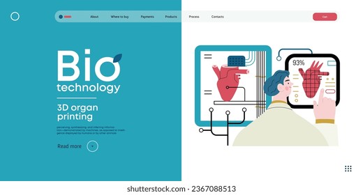 Bio Technology, 3D organ printing -modern flat vector concept illustration of 3D printer creating a human heart. Metaphor of technology in organ transplantation and the future of regenerative medicine
