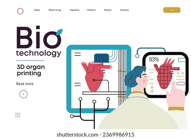 Biotechnologie, 3D Organdruck - moderne flache Vektorgrafik von 3D-Druckern, die ein menschliches Herz kreiert. Metapher der Technologie bei Organtransplantationen und die Zukunft der regenerativen Medizin