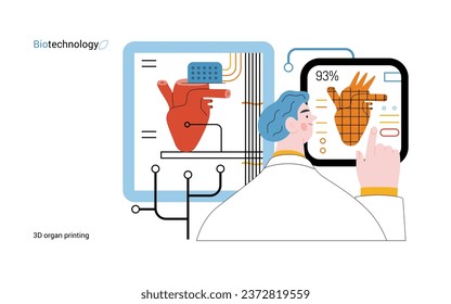 Bio Technology, 3D organ printing -modern flat vector concept illustration of 3D printer creating a human heart. Metaphor of technology in organ transplantation and the future of regenerative medicine