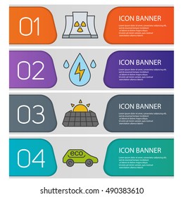 Bio technology banner templates set. Easy to edit. Nuclear power plant, water energy, solar panel, eco car. Eco website menu items. Color web banner. Vector headers design concepts