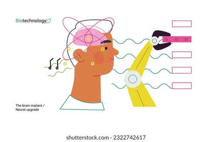 Bio Technology, Brain implant, Neural upgrade -modern flat vector concept illustration of brain implant, integration, enhanced cognitive abilities. Pushing boundaries of potential, neural upgrades