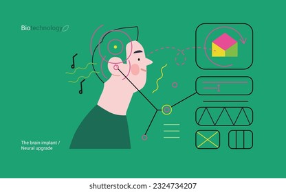 Bio Technology, Brain implant, Neural upgrade -modern flat vector concept illustration of brain implant, integration, enhanced cognitive abilities. Pushing boundaries of potential, neural upgrades