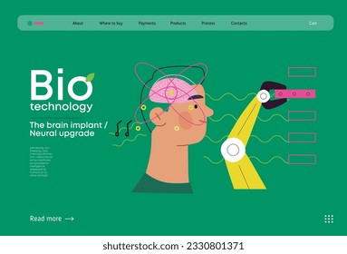 Bio-Technologie, Gehirnimplantat, Neuralaufrüstung - moderne flache Vektorgrafik des Gehirnimplantats, Integration, verbesserte kognitive Fähigkeiten. Grenzen des Potenzials erobern, neuronale Aufrüstungen