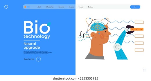 Tecnología Bio, implante cerebral, actualización neural -moderna ilustración de concepto vectorial plano del implante cerebral, integración, capacidades cognitivas mejoradas. Presionando los límites de las posibles actualizaciones neuronales
