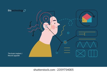 Bio Technology, Brain implant, Neural upgrade -modern flat vector concept illustration of brain implant, integration, enhanced cognitive abilities. Pushing boundaries of potential, neural upgrades