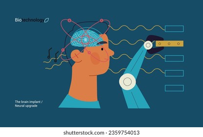 Bio Technology, Brain implant, Neural upgrade -modern flat vector concept illustration of brain implant, integration, enhanced cognitive abilities. Pushing boundaries of potential, neural upgrades