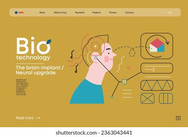 Bio Technology, Brain implant, Neural upgrade -modern flat vector concept illustration of brain implant, integration, enhanced cognitive abilities. Pushing boundaries of potential, neural upgrades