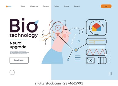 Bio-Technologie, Gehirnimplantat, Neuralaufrüstung - moderne flache Vektorgrafik des Gehirnimplantats, Integration, verbesserte kognitive Fähigkeiten. Grenzen des Potenzials erobern, neuronale Aufrüstungen