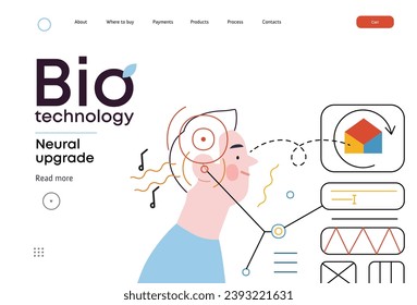 Bio Technology, Brain implant, Neural upgrade -modern flat vector concept illustration of brain implant, integration, enhanced cognitive abilities. Pushing boundaries of potential, neural upgrades