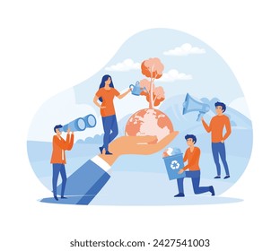 Bio technology concept. People prepare for the holiday, save the planet from pollution, in the big hand the earth with a plant. flat vector modern illustration 