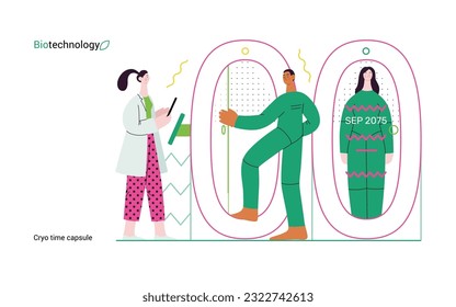 Bio Technology, Cryocapsule Time Freezer -moderna ilustración de concepto de vector plano de criocápsulas futuristas que se asemejan a bóvedas de tiempo congeladas. Metáfora de la preservación de la vida, tiempo a través de la tecnología criónica