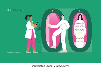 Bio Technology, Cryocapsule Time Freezer -moderna ilustración de concepto de vector plano de criocápsulas futuristas que se asemejan a bóvedas de tiempo congeladas. Metáfora de la preservación de la vida, tiempo a través de la tecnología criónica