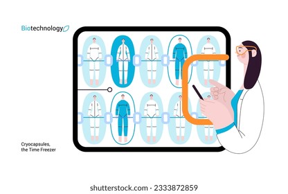 Bio Technology, Cryocapsule Time Freezer -moderna ilustración de concepto de vector plano de criocápsulas futuristas que se asemejan a bóvedas de tiempo congeladas. Metáfora de la preservación de la vida, tiempo a través de la tecnología criónica