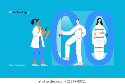 Bio Technology, Cryocapsule Time Freezer -modern flat vector concept illustration of futuristic cryocapsules resembling frozen time vaults. Metaphor of preserving life, time through cryonic technology