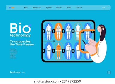 Bio Technology, Cryocapsule Time Freezer -modern flat vector concept illustration of futuristic cryocapsules resembling frozen time vaults. Metaphor of preserving life, time through cryonic technology